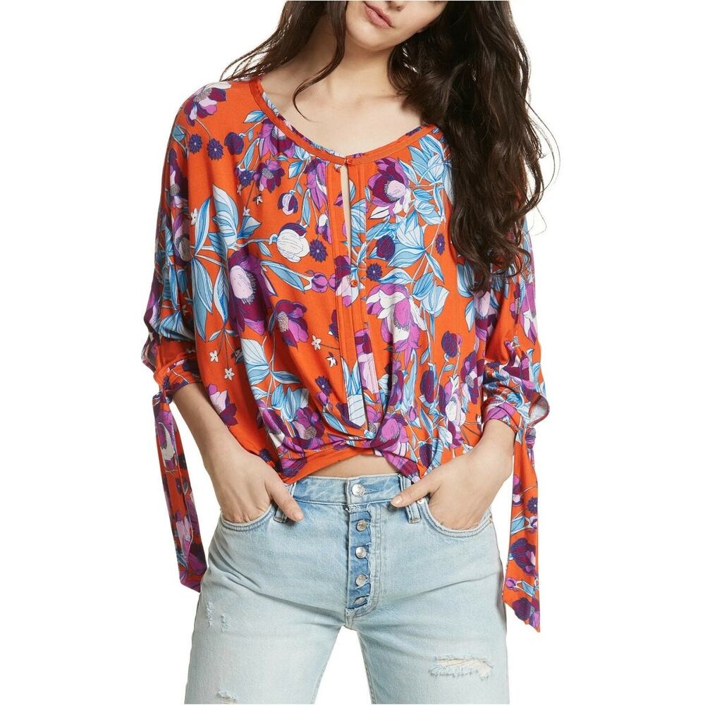Free People Keepin’ On Orange Floral Tie Sleeves Top 3/4 Sleeves Womens Sz S - Picture 11 of 12